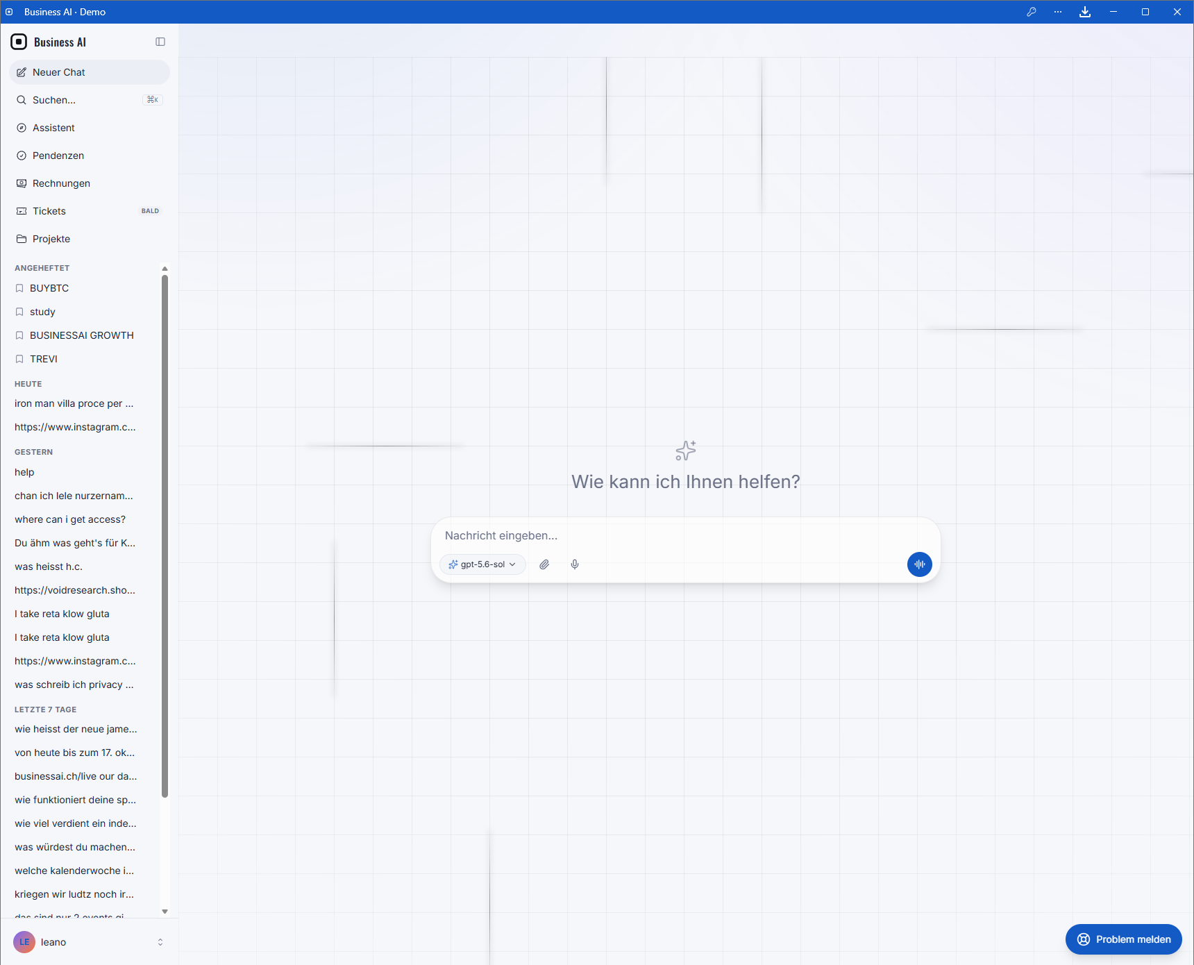 Business AI dashboard with chat, assistants, invoices and projects